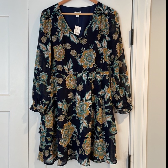 J. Crew Factory V-neck tiered mini dress in Navy Golden Honey - Picture 8 of 9